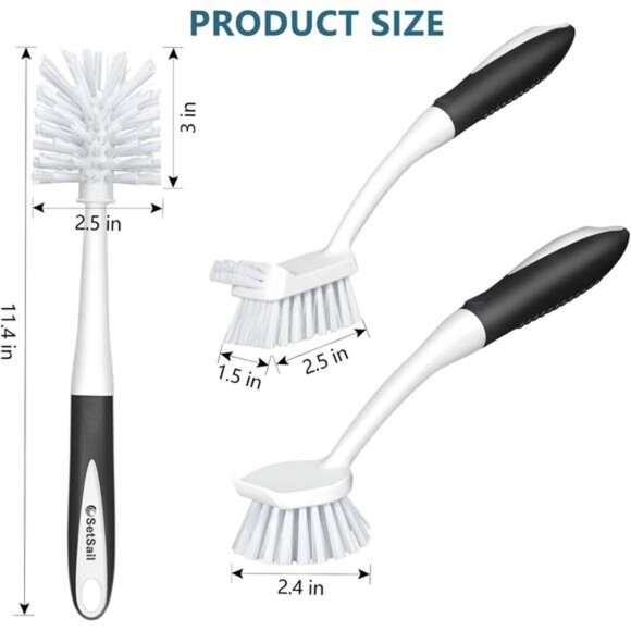 Dish Brush Set of 3 with Bottle Brush, Dish Scrub Brush with Long Handle - Picture 9 of 14